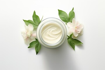 Pastel Blooms Harmony: Minimal Glass Cream Jar with Flowers and Green Leaves