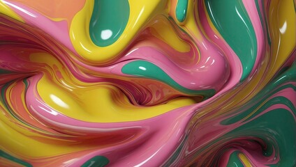 Abstract bursts with yellow, pink and verdant green swirls, a lively dance of colors in a glossy texture.