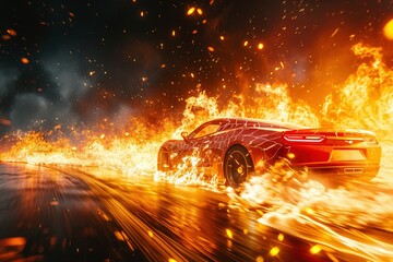 The backdrop of this wallpaper features a futuristic supercar with fiery elements, creating an intense and dynamic scene