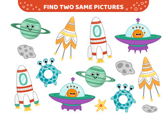 Obraz premium Space game with aliens, ufo, Saturn. Find two same pictures. Game for children. Cartoon, vector