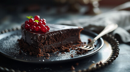 A slice of chocolate cake on a plate. 