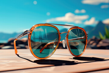 Aviator sunglasses with blue glasses on the background of a mountain landscape on the beach. The concept of summer holidays and recreation