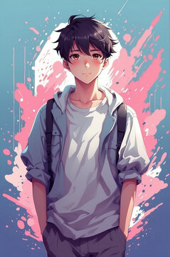 Guapo chico adolescente manga con camiseta y mochila, anime en colores pastel