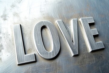 Crafted in metal, the word 'love' takes center stage against the sleek backdrop of brushed steel or aluminum