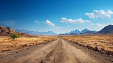Empty long road. Blue sky and mountains on the background.