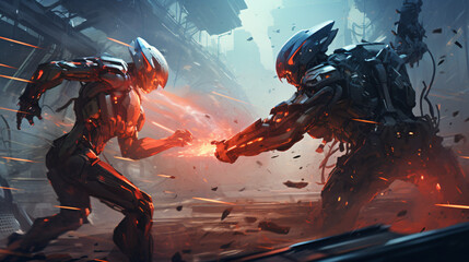 Sci-fi scene showing fight of two futuristic warrior