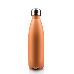 Steel thermo water bottle of color of the year 2024, Peach Fuzz, isolated on white background.