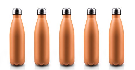 Seamless thermo water bottles of color of the year 2024, Peach Fuzz, isolated on white background.