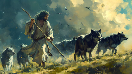 Jesus Christ, good shepherd fighting the wolves at green grazing - obrazy, fototapety, plakaty