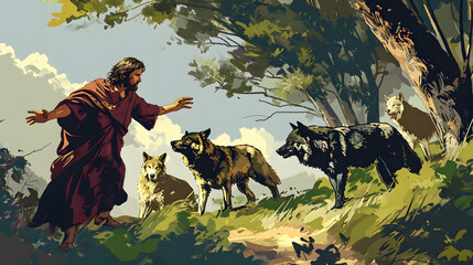 Jesus Christ, good shepherd fighting the wolves at green grazing - obrazy, fototapety, plakaty