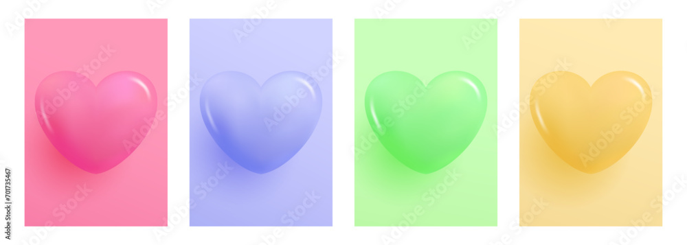 Aufkleber 3d glossy hearts. set of soft color gradient backgrounds with 3d heart shapes for wedding invitation