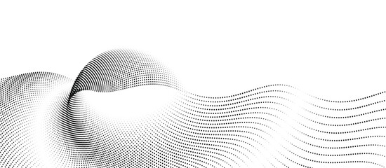 A dynamic, horizontal illustration of particle waves in a halftone gradient, forming a flowing dot curve on a white backdrop, embodying technology, sound, music, and modern aesthetics.