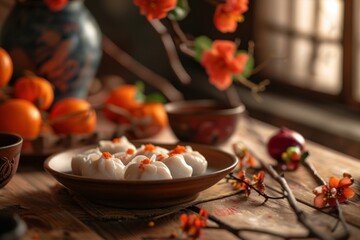 Chinese New Year scene, daytime, Chinese dumplings, wooden tabletop, red persimmons, spring scrolls, close-up, round and lovely