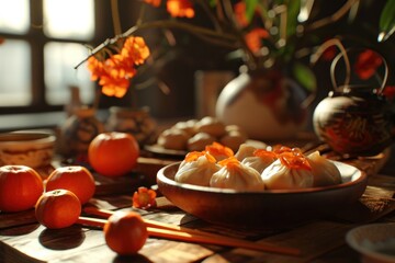 Chinese New Year scene, daytime, Chinese dumplings, wooden tabletop, red persimmons, spring scrolls, close-up, round and lovely
