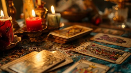 Obraz na płótnie Canvas Tarot cards on the table, fortune teller, Close-up