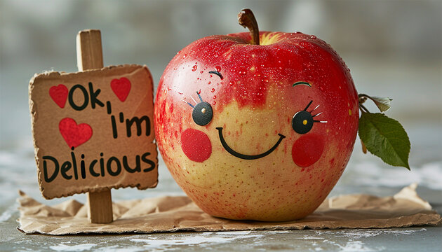A Cute 3d Happy Red Apple Amazing cute minimalist happy red apple fruit character suitable children book, decoration, animation, design asset and illustration Holding a sign "pick me" delicious fruit