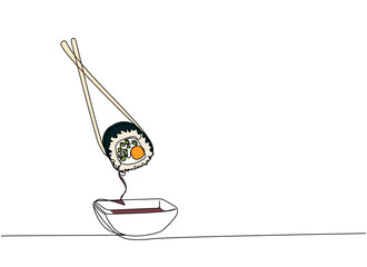 Sushi set, Sushi roll with soy sauce and chopsticks one line art. Continuous line drawing of sushi, japanese, food, roll, culture, tasty, restaurant, japan, asian, sea, menu