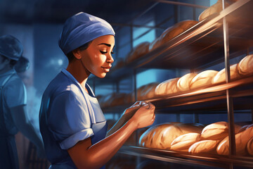 A woman working in a bakery making bread. Private bakery. Fresh bread every morning. - obrazy, fototapety, plakaty