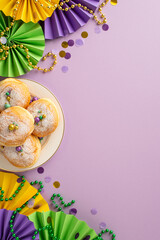 Vivacious Celebration concept. Vertical top view showcasing festive table arrangement with plate of donuts, carnival decorative fans confetti, bead garlands, set against purple backdrop with ad space © ActionGP