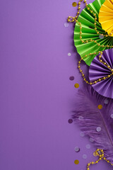 Carnival Elegance Setup: luxurious bead necklace, feather, confetti, vibrant paper fans displayed...