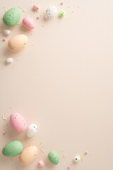 Spring Celebration Arrangement: Overhead vertical shot of vibrant Easter eggs and sugar sprinkles confetti on a soft pastel backdrop—ideal for greeting text or advertisements