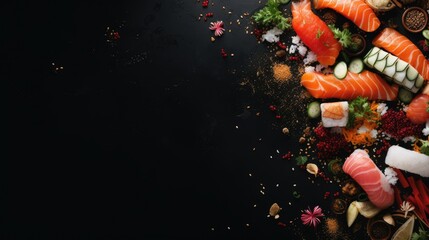 Sushi with flying ingredients. Japanese advertisement food. Menu banner - obrazy, fototapety, plakaty