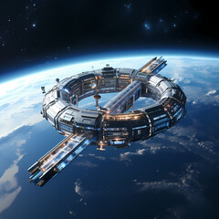 Obraz na płótnie Canvas A futuristic space station in orbit around a planet.