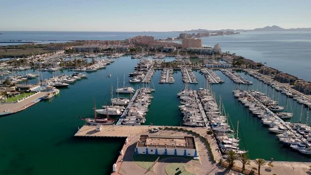 Aerial view of the Mediterranean port of La Manga, Murcia. Boats, yachts and sailing boats moored.