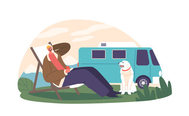 Man And His Dog Enjoy A Leisurely Weekend Outdoors, Relaxing On A Daybed. Basking In The Sunlight, Vector Illustration