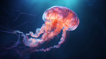 The glowing jellyfish on the deep sea - obrazy, fototapety, plakaty