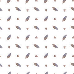 hand drawn watercolor pattern with feathers, bird feathers. Print for fabric in natural colors. Seamless pattern, boho endless paper, repeat paper