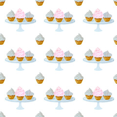 pattern of hand-drawn watercolor cakes, romantic dessert with cream.