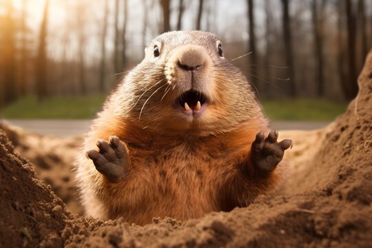 Marmota monax, groundhog known from movie groundhog day with punxsutawney phil for weather forecast 