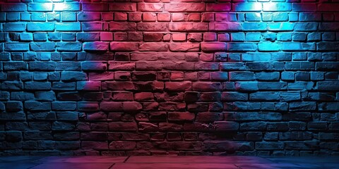 Urban glow. Abstract night scene with dark brick walls and neon lights. Futuristic ambiance. Dark room with glowing light on concrete wall. Electric nights. Empty space with bright and grunge