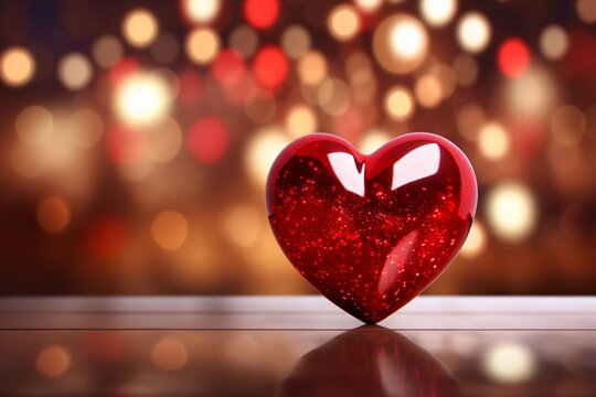 Valentines day composition with red heart against bright bokeh defocused background. Greeting festive card 3D rendered