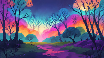 Fototapeta na wymiar Cartoon sunrise scene in the forest