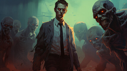 The man facing a zombie group