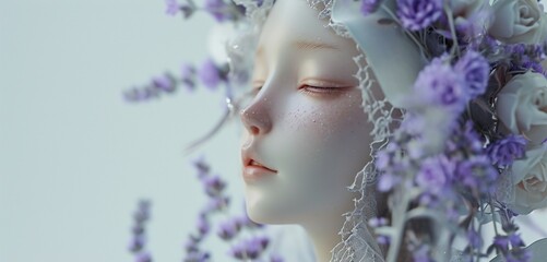 Lavender-clad doll on pristine white. HD charm.