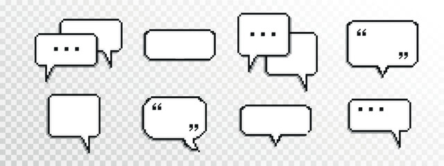 Pixel dialogue box. Chat speech. Communication box. Dialog cloud. 8-bit. Game development. Vector illustration on a transparent background - obrazy, fototapety, plakaty