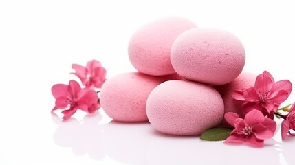 White background has a white spa stone with pink loofah and copy space for text.