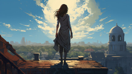 The mystic girl stands on a rooftop