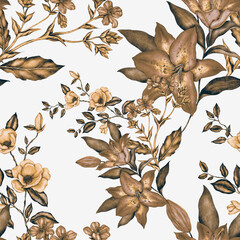 Watercolor seamless pattern with garden flowers. Vintage spring or summer floral pattern. Flower seamless pattern. Botanical art. Wedding floral set. Watercolor botanical design.	