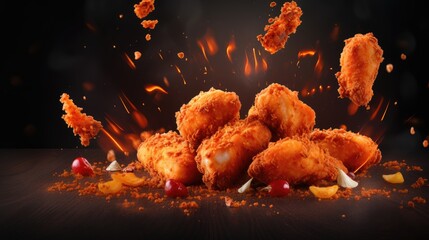 Nuggets with flying ingredients and spices hot ready to serve and eat. Food commercial advertisement. Menu banner with copy space area - obrazy, fototapety, plakaty