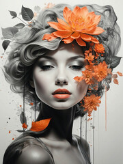 Hyperrealistic illustration of a woman wrapped in flowers. Pastel and monochrome colors