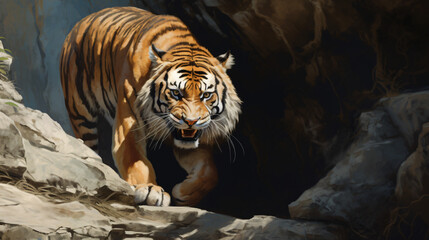 Tiger stalking in narrow rock