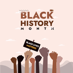 Black history month with different black people hands holding signs of black lives matters. Social Media poster, card, celebration wish in Vector Illustration. Black People Rights. Diversity 2024 - obrazy, fototapety, plakaty