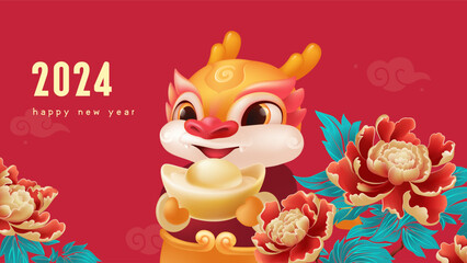 Spring Festival background design lovely dragon and rich peony