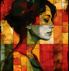 A stained glass window-style portrait of a woman, with red, yellow, and green colors, illustrated,