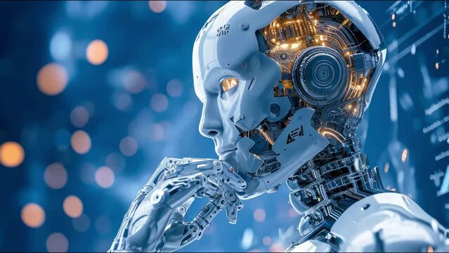 Neue Technologie und k&uuml;nstliche Intelligenz. Robot denkt &uuml;ber eine L&ouml;sung nach.