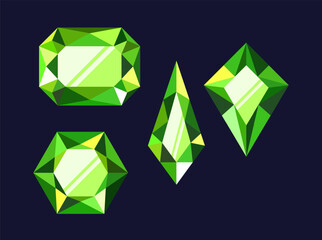 Cartoon Green Gemstones Game Assets. Lustrous, Vibrant Jewels With Rich Hues, For Enhancing In-game Aesthetics